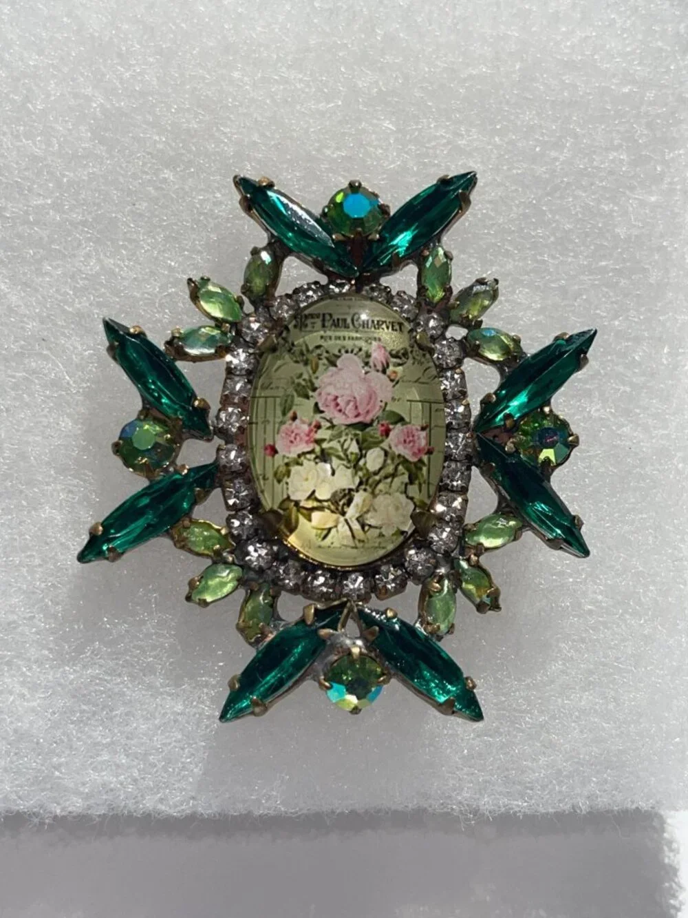 Vintage Czech Paul Charvet Floral Glass Brooch With Emerald Green Rhinestones Pi